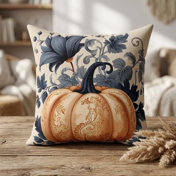 Paisley Pumpkin Pillow Cover with Navy Blue Leaves Fall Throw Pillow Cozy Faux Suede Aesthetic Autumn Harvest Thanksgiving Decor Useful Gift