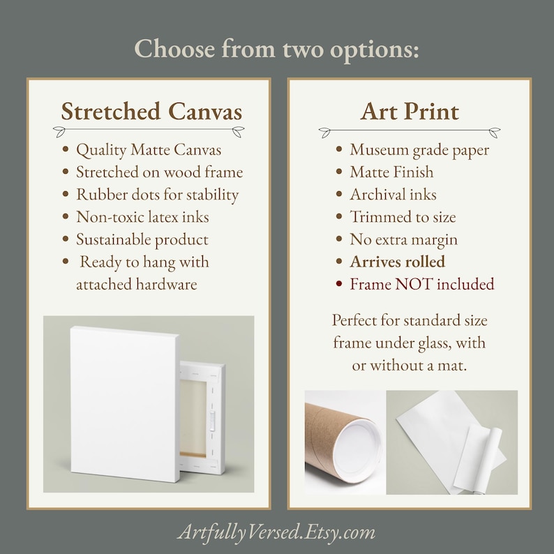 Op de afbeelding: Afbeelding met twee opties voor kunstdrukken: Stretched Canvas en Art Print. De Stretched Canvas-optie heeft kwalitatief mat canvas gespannen op een houten frame, klaar om op te hangen. De Art Print-optie biedt museumkwaliteitspapier met een matte afwerking, archiefinkten en wordt opgerold geleverd.