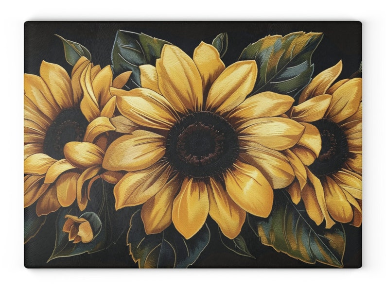 Sunflowers on Black Cutting Board Floral Aesthetic Glass Charcuterie Board Summer Kitchen Decor Sunflower Decoration Useful Gifts for Her image 2