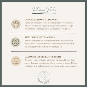 May include: An informational graphic titled Please Note with three sections. It outlines policies for cancellations and changes, returns and exchanges, and damaged or defective items. Each section features a circular icon and text on a light background.