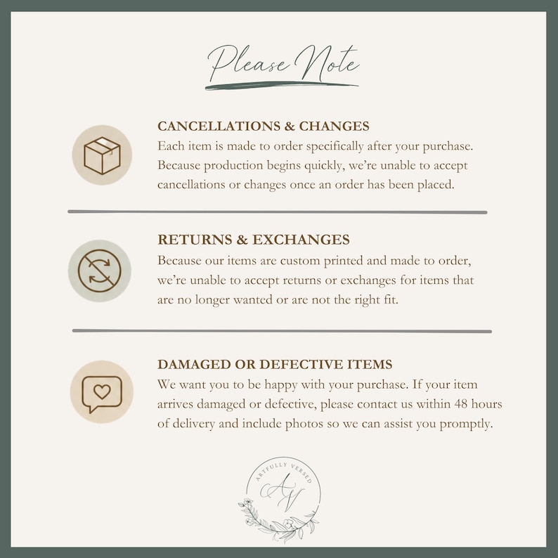 May include: An informational graphic titled Please Note with three sections. It outlines policies for cancellations and changes, returns and exchanges, and damaged or defective items. Each section features a circular icon and text on a light background.