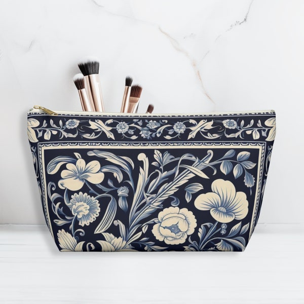 Navy Floral Accessory Bag William Morris Inspired Blue Makeup Pouch Toiletry Travel Essentials Charger & Cable Bags Gift for Flower Lovers