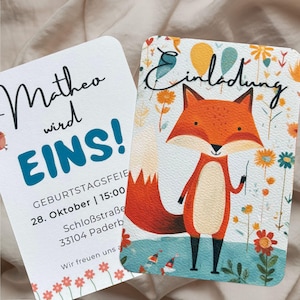 Invito a tema animali della foresta - Compleanno - Biglietto personalizzato con volpe e fiori - Festa di compleanno per bambini e bambine