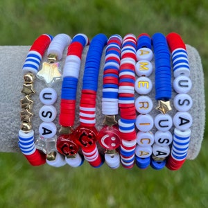 Red White & Blue Clay Bead Bracelet: Patriotic Stackable Jewelry