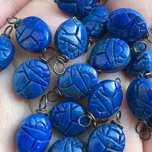 Please read description) Sold in pairs, Wonderful vintage/antique lapis lazuli carved scarab beetle charm with silver wire