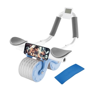 May include: White and gray ab roller with a blue phone holder and two blue wheels. A blue exercise mat is included.