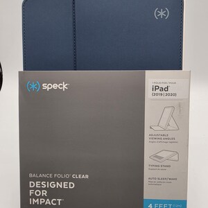 May include: A dark blue Speck Balance Folio case for iPad 2019 and 2020 models. The packaging features the text Speck, Balance Folio Clear, Designed for Impact, and 4 Feet Drop Tested. It highlights adjustable viewing angles and auto sleep/wake.