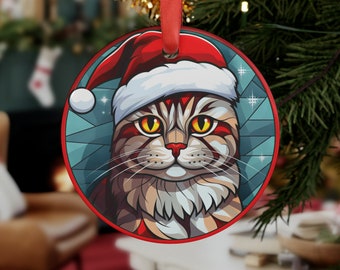 Stained Glass Christmas Cat Acrylic Ornament w/ Ribbon, American Shorthair Christmas Ornament, Cat's First Christmas, Cat Christmas Ornament