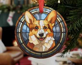 Stained Glass Design Christmas Dog Acrylic Ornament with Ribbon, Pembroke Welsh Corgi Christmas Ornament, Dog's First Christmas