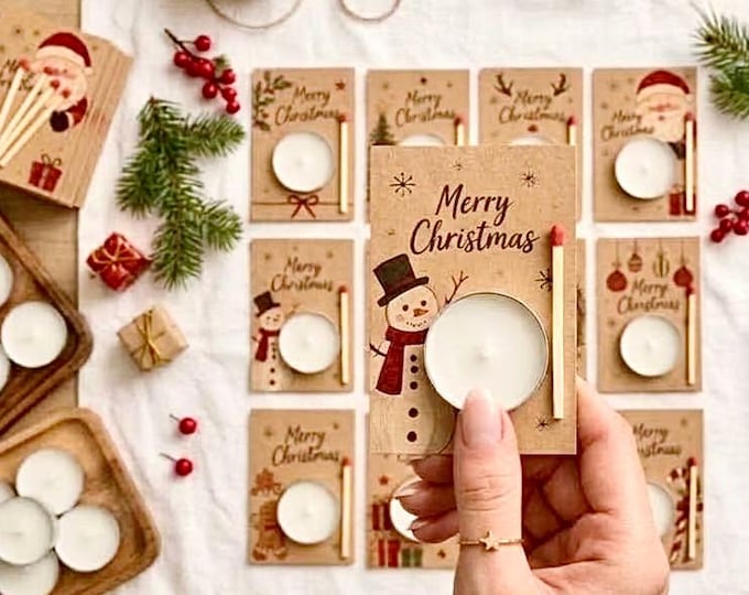 Candle Christmas Favor with Match, Bulk Tea Light Gift Card, Corporate Holiday Party Stocking Stuffer