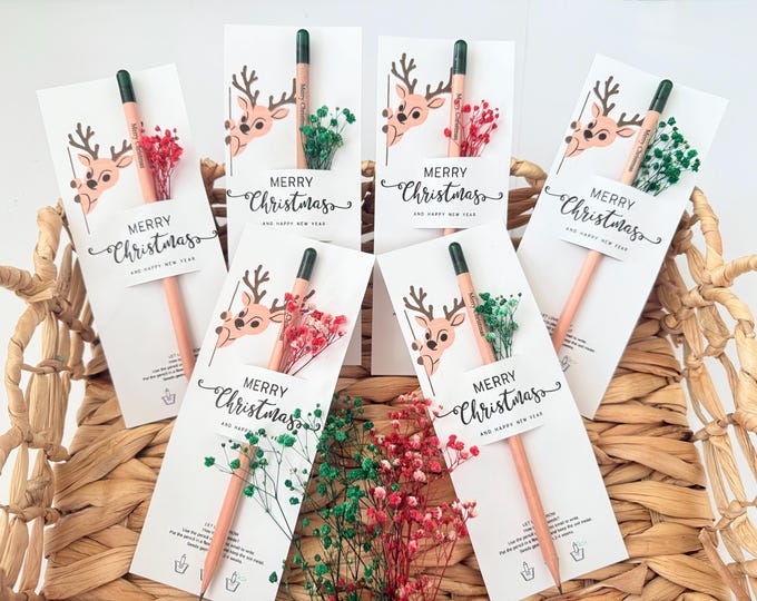 Personalized Christmas Seed Pencil Favors with Dried Flowers