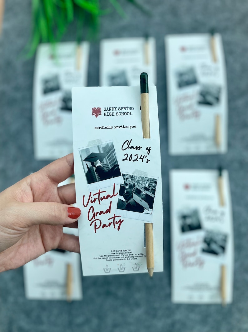 May include: A white card with a graduation invitation for the Class of 2024's Virtual Grad Party at Sandy Spring High School. The card is attached to a wooden pencil with a green top. The text "LET LOVE GROW" is printed on the card, along with instructions on how to plant the pencil.