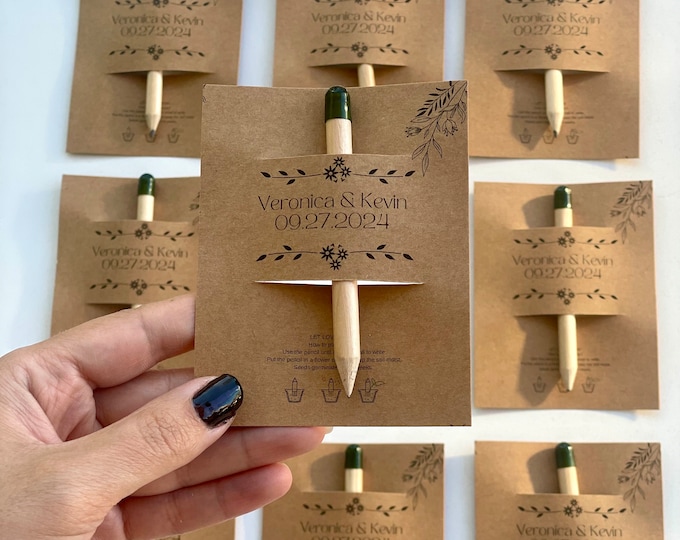 50 pcs Personalized Wedding Seed Pencil Favors: Floral Kraft Card