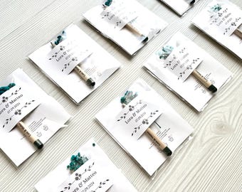 Regalos de boda personalizados con forma de lápiz: Tarjeta floral, regalo ecológico