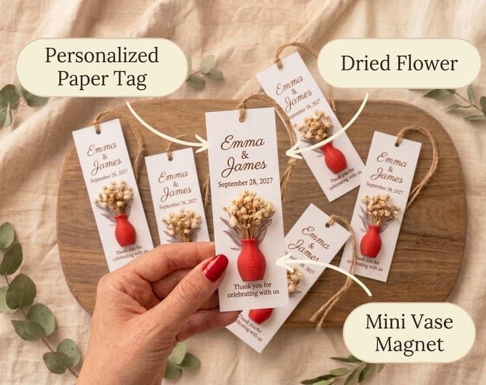 Mini vase, Personalized wedding favor, Magnet with dried flowers