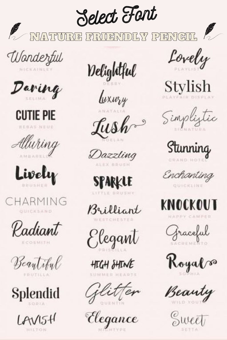 Może przedstawiać: Wykres z listą r&oacute;żnych czcionek, każda z nazwą i pr&oacute;bką czcionki. Czcionki są sklasyfikowane jako "Nature Friendly Pencil".