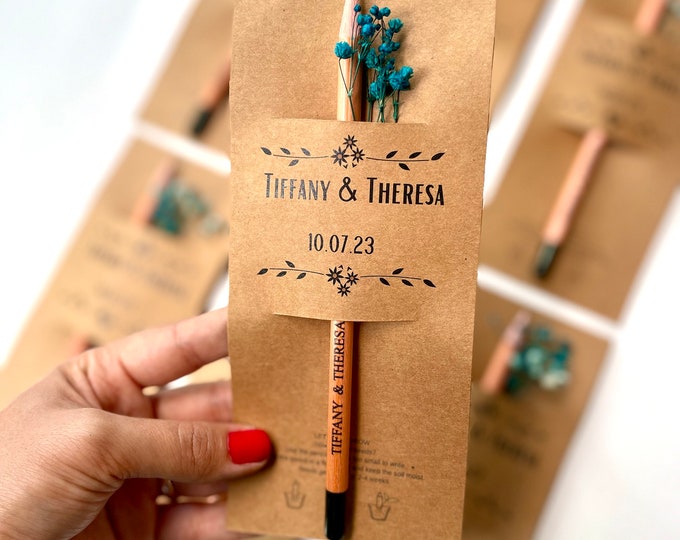 Personalized Wedding Seed Pencil Favors: Floral Kraft Card, Eco-Friendly Gift