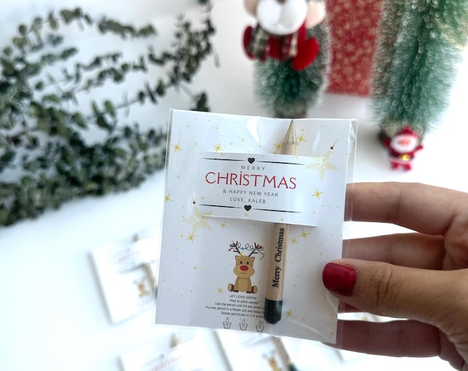 Personalized Christmas Seed Pencil Favors with Kraft Card