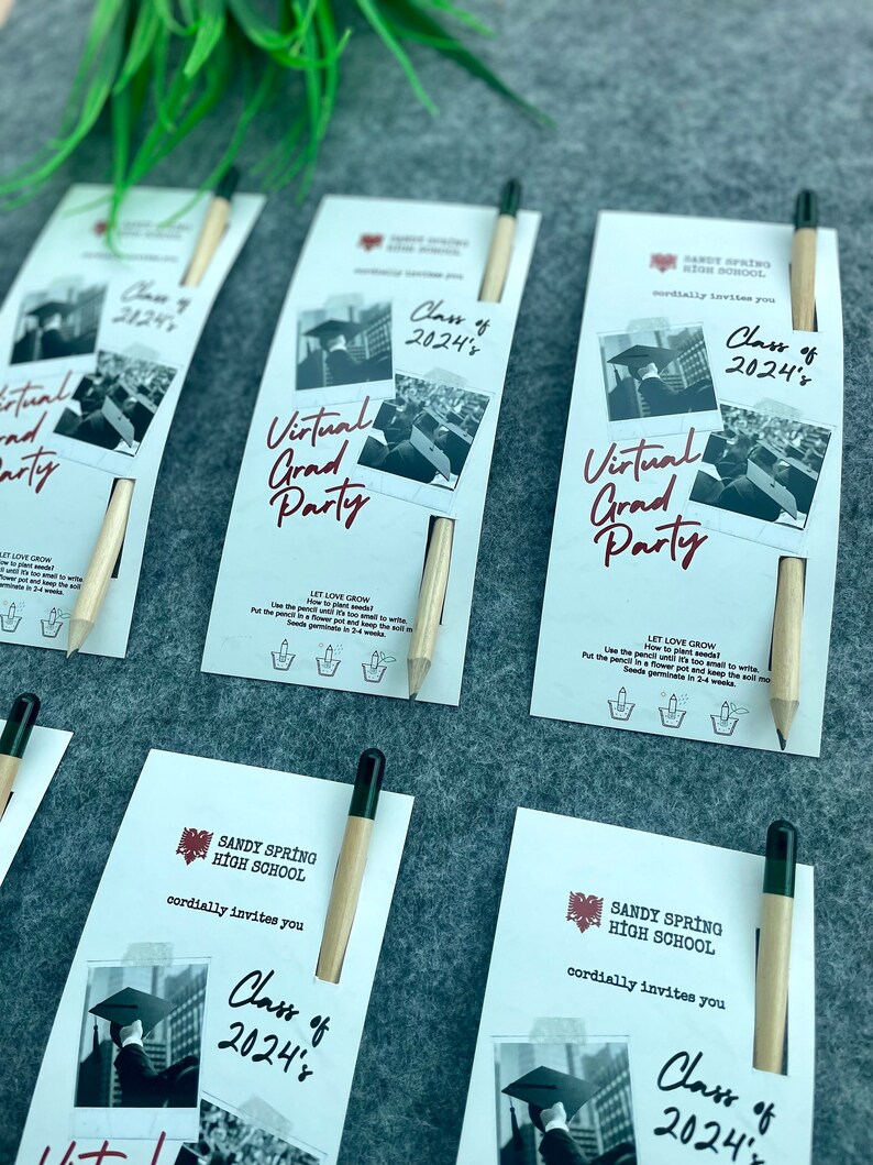 May include: A set of graduation party invitations with a pencil attached to each. The invitations are white with red and black text. The text reads "Sandy Spring High School cordially invites you Class of 2024's Virtual Grad Party".