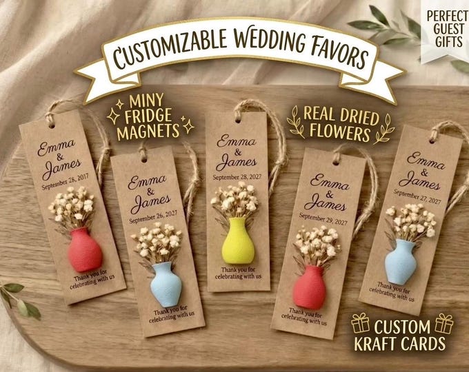 Mini vase, Personalized wedding favor, Magnet with dried flowers