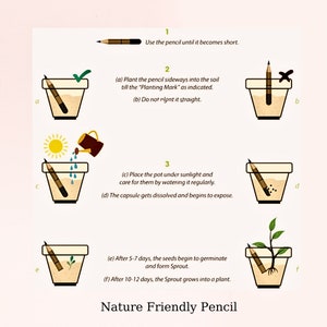 Może przedstawiać: Ilustracja krok po kroku pokazująca, jak posadzić oł&oacute;wek zawierający nasiona. Oł&oacute;wek sadzi się w doniczce i podlewa. Po kilku dniach z ziemi wyłania się kiełek. Tekst głosi: "Użyj oł&oacute;wka, dop&oacute;ki nie stanie się kr&oacute;tki." "(a) Posadź oł&oacute;wek bokiem w ziemię do "Znaku Sadzenia", jak pokazano. (b) Nie sadź go prosto." "(c) Umieść doniczkę w miejscu nasłonecznionym i dbaj o nią, regularnie ją podlewając. (d) Kapsułka rozpuszcza się i zaczyna się ujawniać." "(e) Po 5-7 dniach nasiona zaczynają kiełkować i tworzą kiełek. (f) Po 10-12 dniach kiełek przekształca się w roślinę." "Oł&oacute;wek przyjazny dla środowiska"