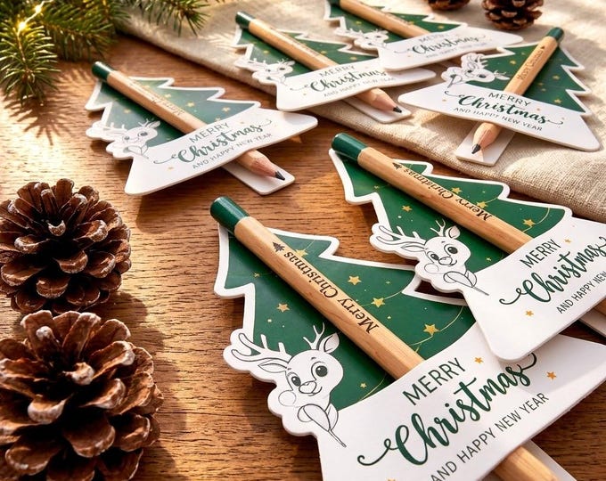 Tree-Shaped Card and Pencil Set with Reindeer Motif; Christmas Party Favor, Classroom Holiday Gifts