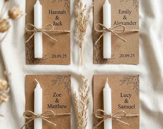 Personalized Rustic Taper Candle Favors, Wedding, Baptism, Baby Shower, Bridesmaid Gift