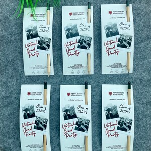 May include: Six graduation party invitations printed on cardstock with a pencil attached. Each invitation features a black and white photo of a graduation ceremony, the text "Sandy Spring High School", and the text "Class of 2024's Virtual Grad Party".