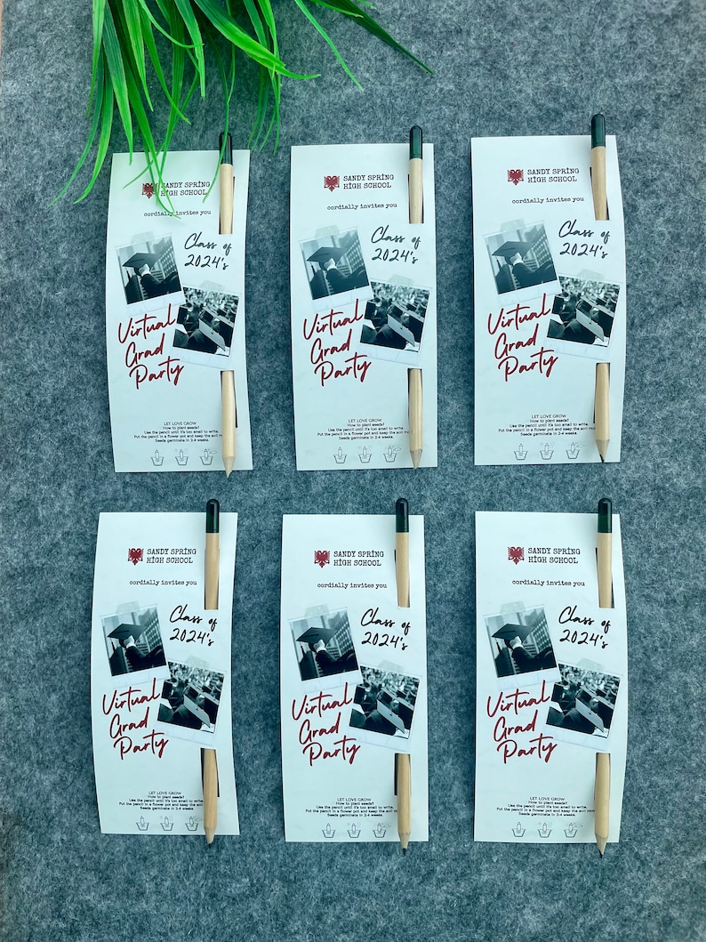 May include: Six graduation party invitations printed on cardstock with a pencil attached. Each invitation features a black and white photo of a graduation ceremony, the text "Sandy Spring High School", and the text "Class of 2024's Virtual Grad Party".