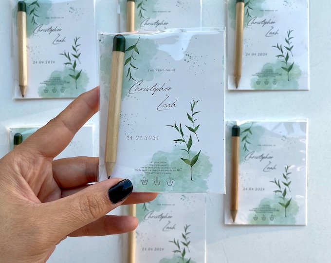 Personalized Wedding Seed Pencil Favor: Floral Card & Kraft Envelope