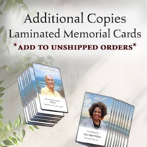 Cópias adicionais de cartões memoriais laminados, cartões de oração (ou marcadores)