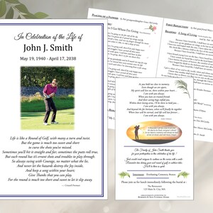 May include: A white and blue memorial card with a photo of a man playing golf. The card includes the text "In Celebration of the Life of John J. Smith" and the dates "May 19, 1940 - April 17, 2038". The card also includes a poem about life being like a round of golf.