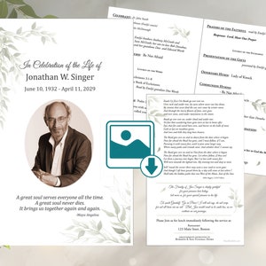 May include: A funeral program with a photo of the deceased, Jonathan W. Singer, and a quote by Maya Angelou. The program includes the order of service, prayers, hymns, and a reception announcement.