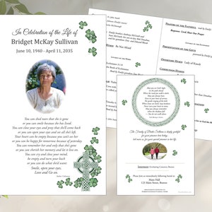 May include: A white memorial service program with green shamrock accents. The program includes the name Bridget McKay Sullivan, dates of birth and death, and a poem about remembering a loved one. The program also includes a photo of the deceased and a Celtic cross.