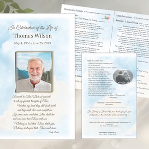 Peut inclure: Une carte commémorative bleue et blanche avec une photo d'un homme et un texte qui dit "En célébration de la vie de Thomas Wilson 4 mai 1955 - 25 juin 2029". La carte comprend également un poème sur le souvenir d'un être cher.