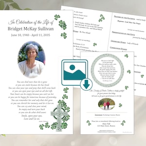 May include: A white memorial service program with a green shamrock design. The program includes the name Bridget McKay Sullivan, dates of birth and death, and a poem about grief and remembrance. The program also includes a list of hymns and readings.
