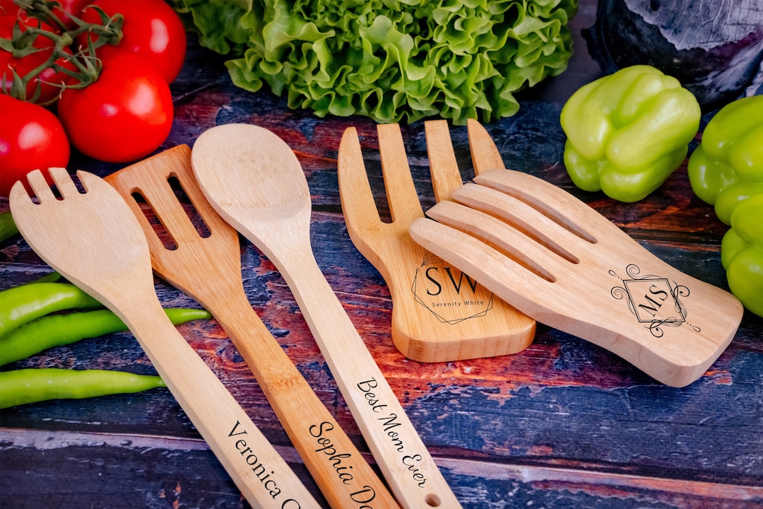 Personalized Bamboo Salad Set, Salad Servers, Serving Utensils, Salad