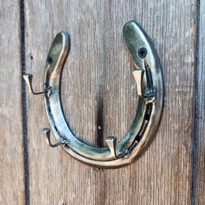 May include: A silver horseshoe-shaped coat rack with three hooks. The rack is mounted on a wooden wall.
