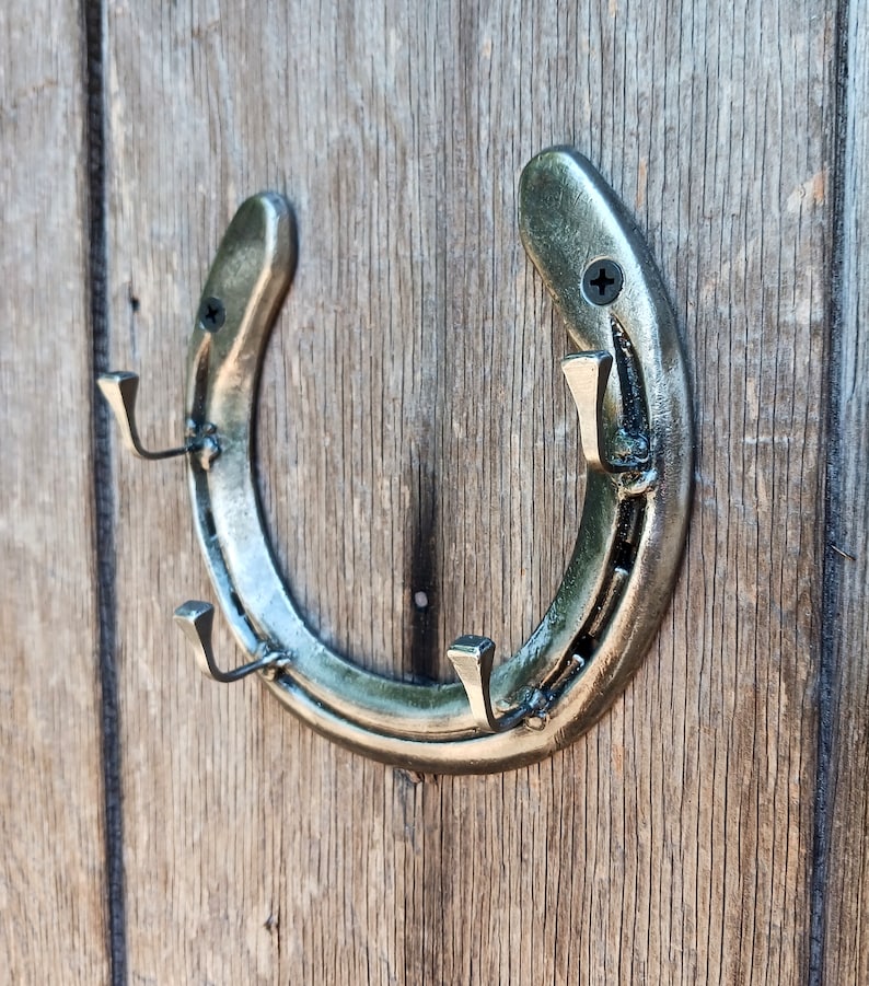 May include: A silver horseshoe-shaped coat rack with three hooks. The rack is mounted on a wooden wall.