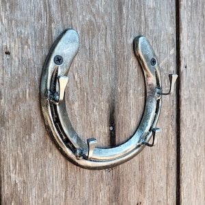 May include: A silver horseshoe-shaped coat rack with four hooks. The rack is mounted on a wooden wall.
