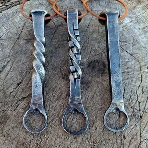 Hand Forged Railroad Spike Bottle Opener With Leather Lanyard, Iron Bottle Opener, Iron Anniversary Gift, Blacksmith Made, Rustic