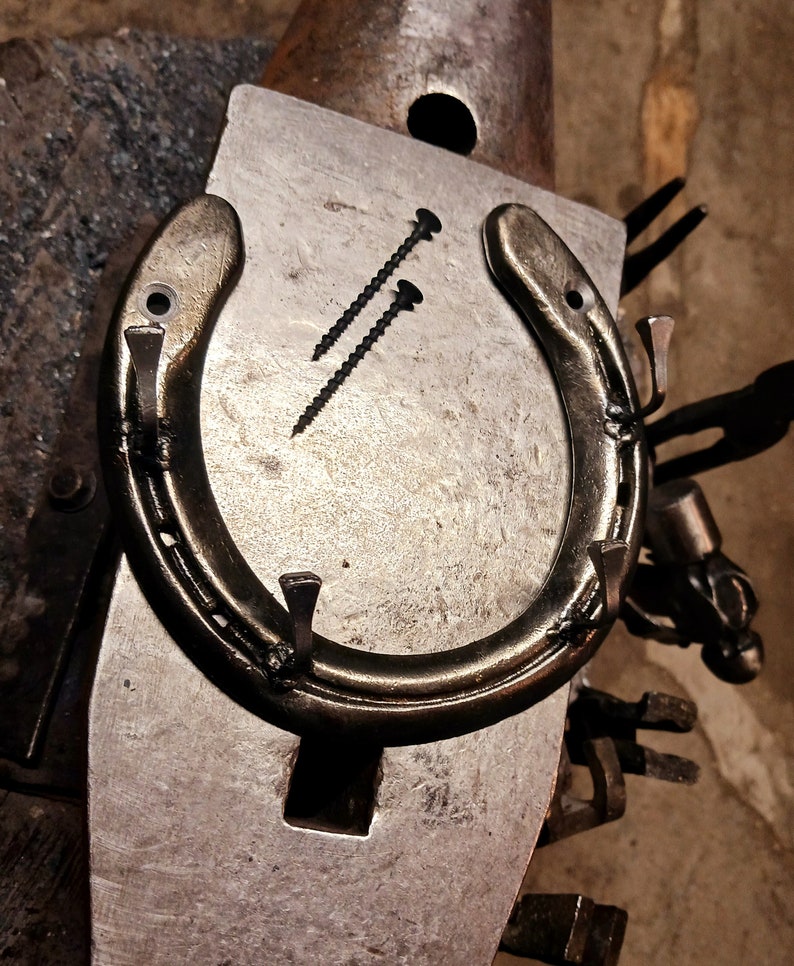 May include: A horseshoe is placed on a metal anvil with two screws on the surface. The horseshoe is made of metal and has a dark brown color. The anvil is made of metal and has a silver color.