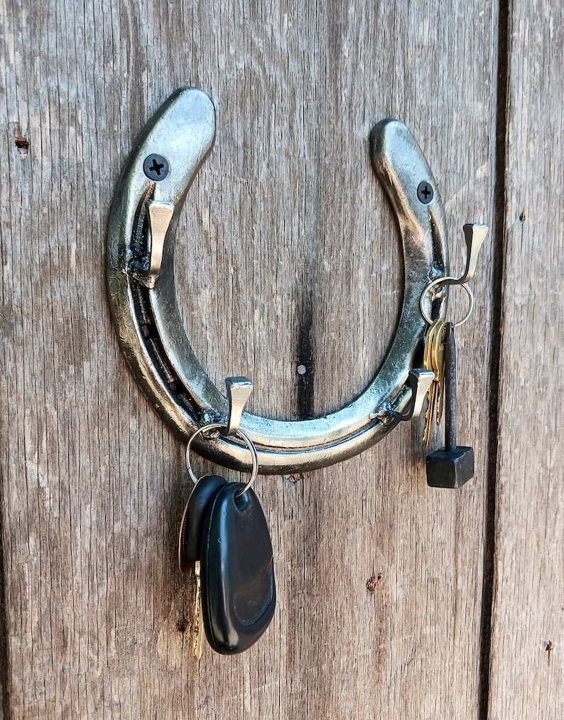 May include: A silver horseshoe-shaped key holder with three hooks. The holder is mounted on a wooden wall and has keys and a small metal hook hanging from it.