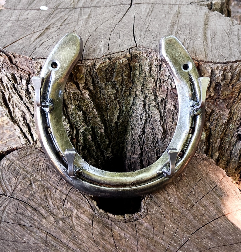May include: A silver horseshoe-shaped metal hook with four nail-like hooks on each side. The hook is mounted on a wooden surface.