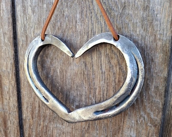 Large Hand Forged Horseshoe Heart Trivet/Wall Decor, Home Decor, Farmhouse, Great Gift Idea, Iron Anniversary Gift, Leather Lanyard Included