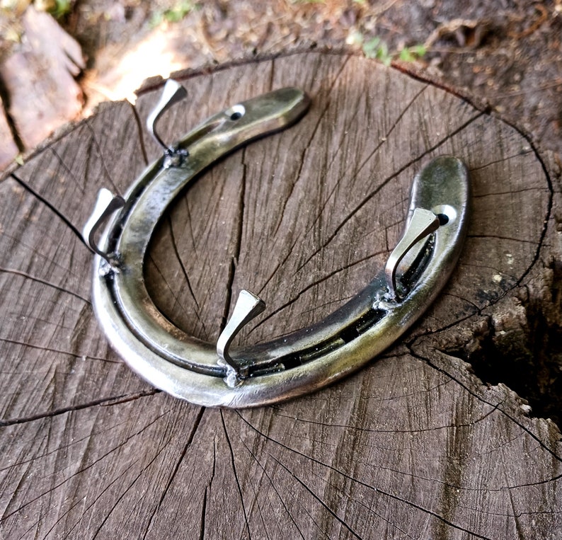 May include: A silver horseshoe with four hooks attached to the top. The horseshoe is mounted on a wooden surface.