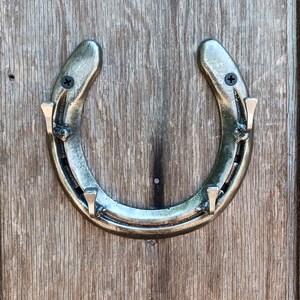 May include: A silver horseshoe-shaped coat rack with four hooks. The rack is mounted on a wooden wall.