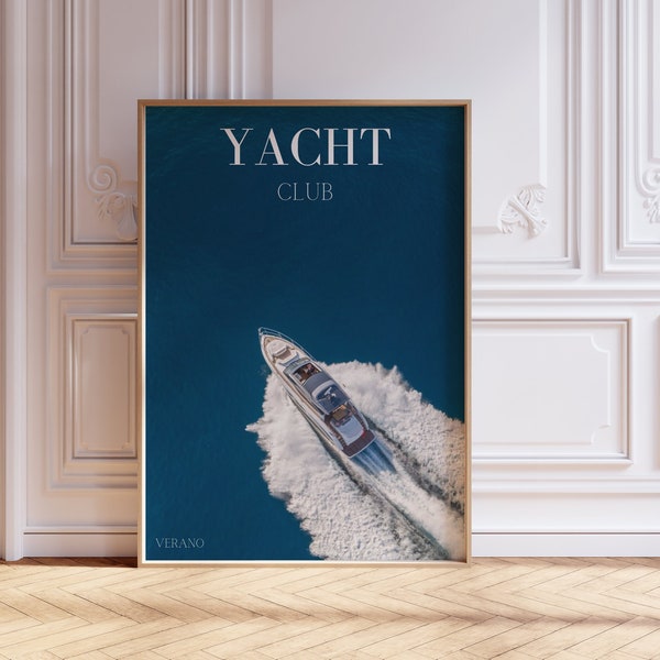 Yacht Club Poster Yacht Print Vintage Luxury Poster Trendy Wall Art Navy Blue Boat Magazine Print Retro Apartment Decor Designer Poster