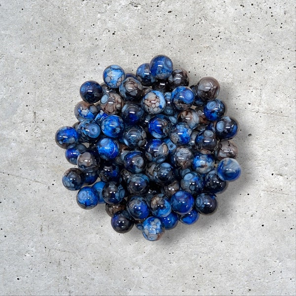 10mm Glass Bead Blue/Brown/Black Marbled 25 Count Loose Bead Destash, 1.0mm Hole Jewelry Making, Beading Supplies