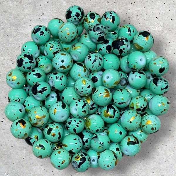 10mm Glass Bead Pack Green/Black with Gold Flecks 25 Count Loose Bead Destash Jewelry Making, Beading Supplies